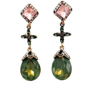 Elegant DROP Earrings Simulated Emerald Diamonds Pink Sapphire Formal Glam Luxe